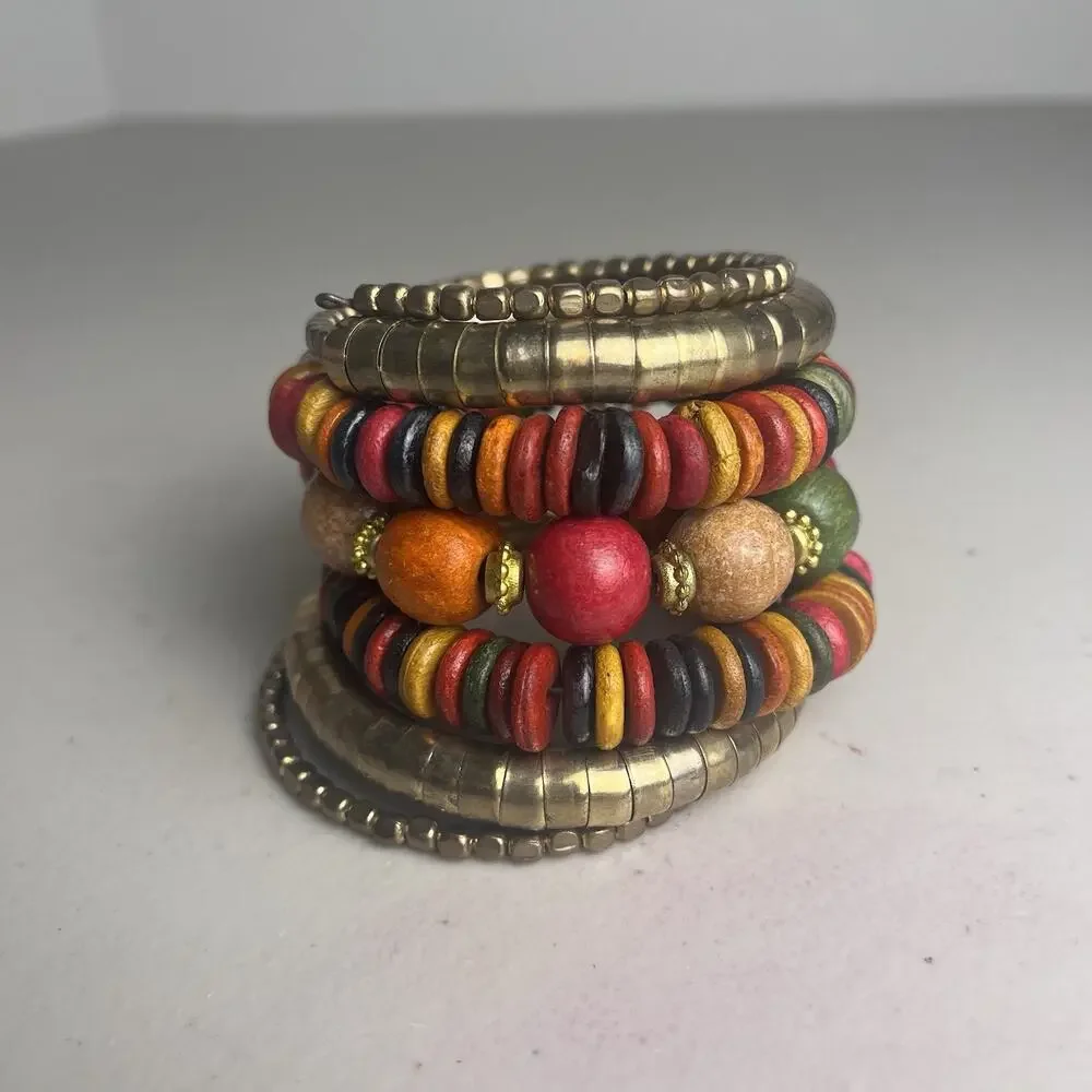 Vintage Wooden Wood Bead Coil Wrap Bracelet Brass Tone Stacking Beaded Bangle